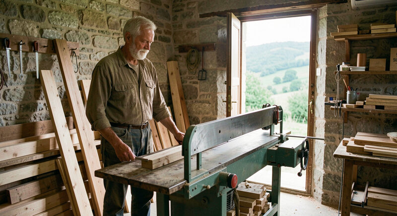 A furniture maker working at a woodworking machine in a small stone workshop, timber stacked along the wall and a green hillside seen through the open door, soft daylight.