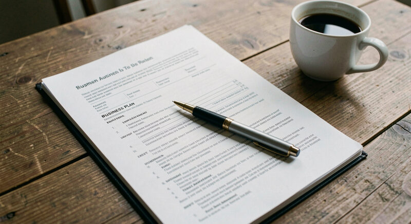 A printed business plan with a pen resting on the open pages and a cup of coffee on a wooden table.