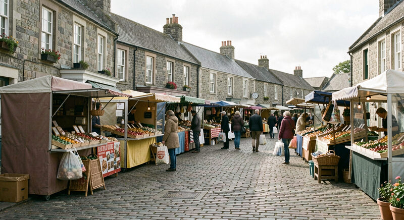 Market stalls on a cobbled square in a Welsh town, shoppers with bags in mild daylight.