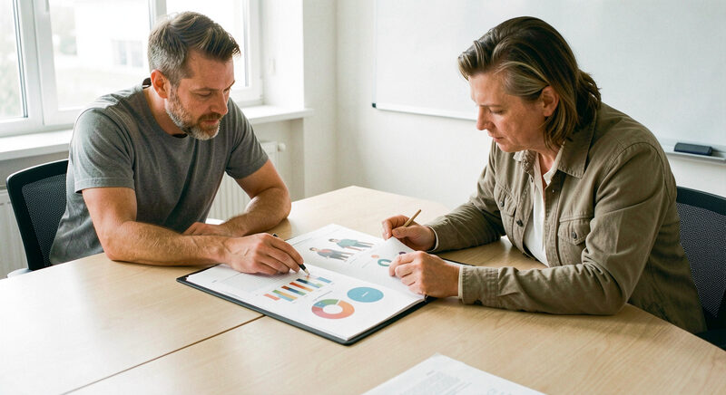 Two people reviewing a folder of figures and a simple chart at a bright meeting table.
