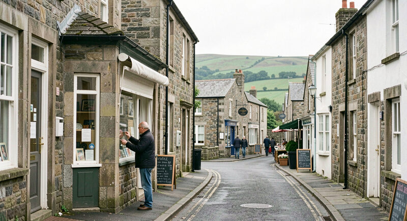 A market town high street in North Wales at opening time, stone shops and hills under a soft grey sky