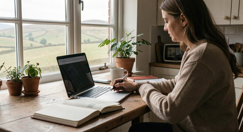 A person at a kitchen table with a laptop and an open notebook, Welsh hills visible through the window in soft morning light.