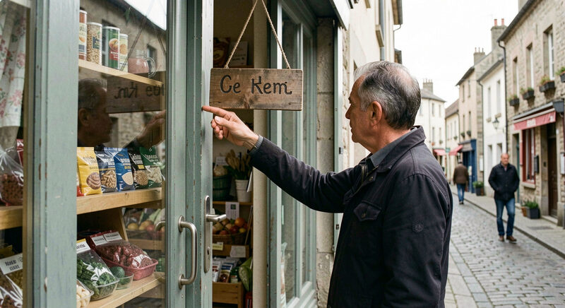 A shop owner hanging an open sign on a glass door in a small market town high street.