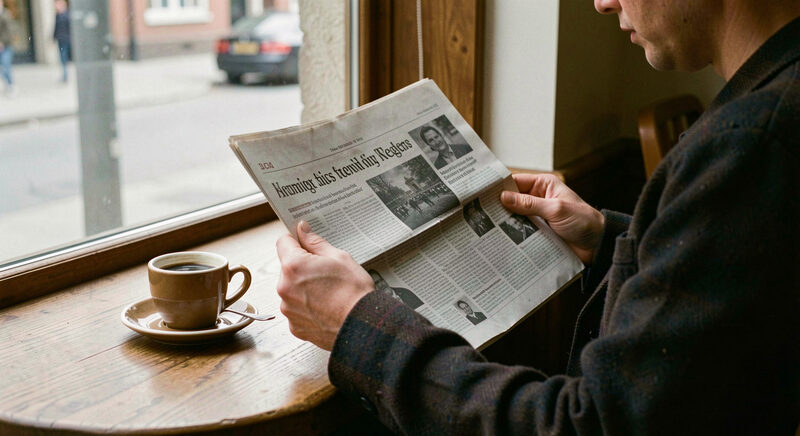 A person reading a folded newspaper beside a coffee cup in a quiet cafe window seat.