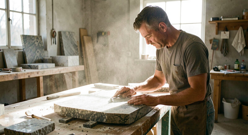 A craftsman in a workshop polishing a slab of granite, dust in a shaft of daylight.